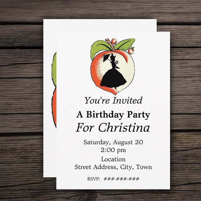 Peach Silhouette Southern Bell Geburtstag Einladung (Silhouette of Southern Belle on a Georgia Peach with leaves on  white Birthday party invitiations.)