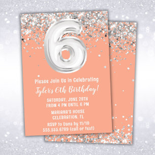 Peach Silver 6. Geburtstagsparty Einladung