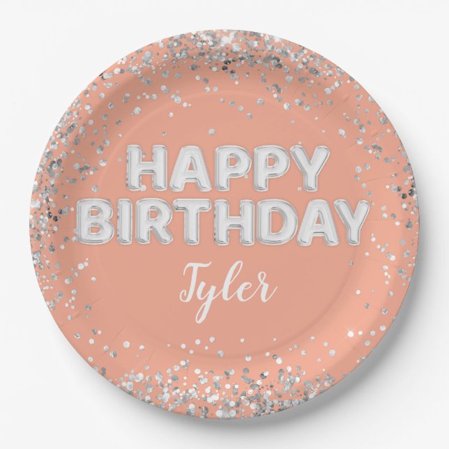 Peach Silver Birthday Party Pappteller (Vorderseite)