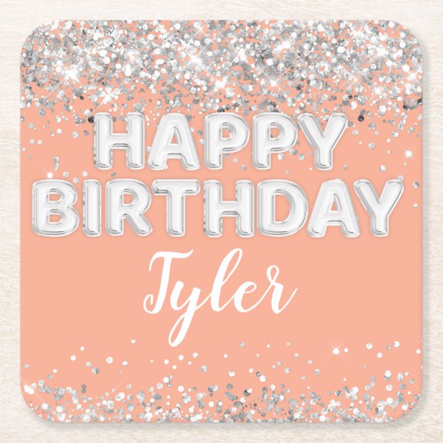 Peach Silver Birthday Party Rechteckiger Pappuntersetzer (Vorderseite)
