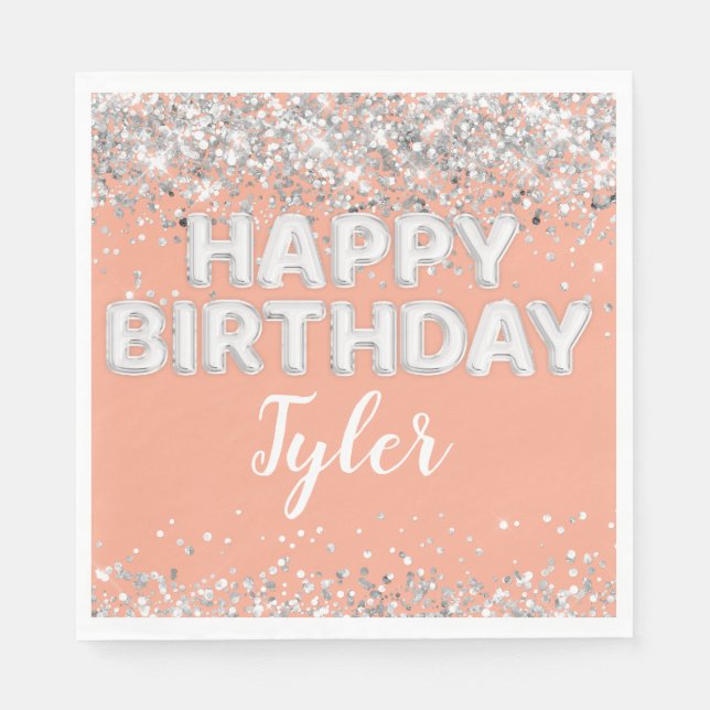 Peach Silver Birthday Party Serviette (Vorderseite)