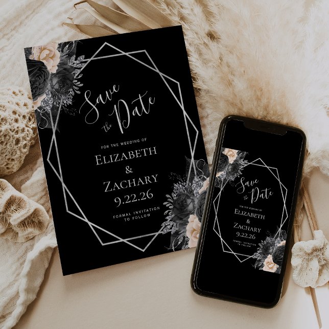 Peach Silver Floral Geo Black Save the Date (Von Creator hochgeladen)