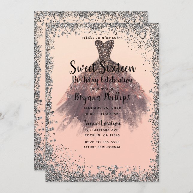 Peach & Silver Glitzer Party Dress Glam Sweet 16 Einladung (Vorne/Hinten)