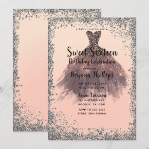 Peach & Silver Glitzer Party Dress Glam Sweet 16 Einladung