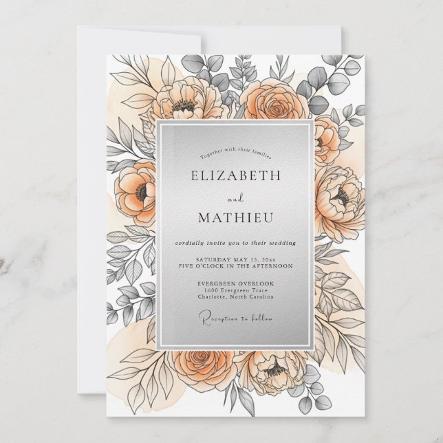 Peach Silver Refined Spring Wedding Einladung (Vorderseite)