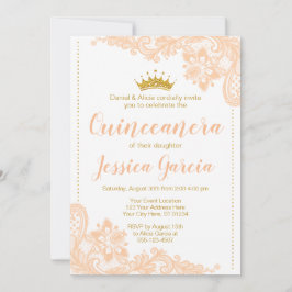 Peach Spitzen und Glitzer Gold Prinzessin Quinceañ Einladung