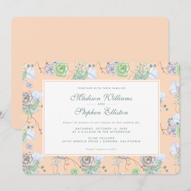 Peach Succulents Floral Watercolor - Hochzeit Einladung (Vorne/Hinten)