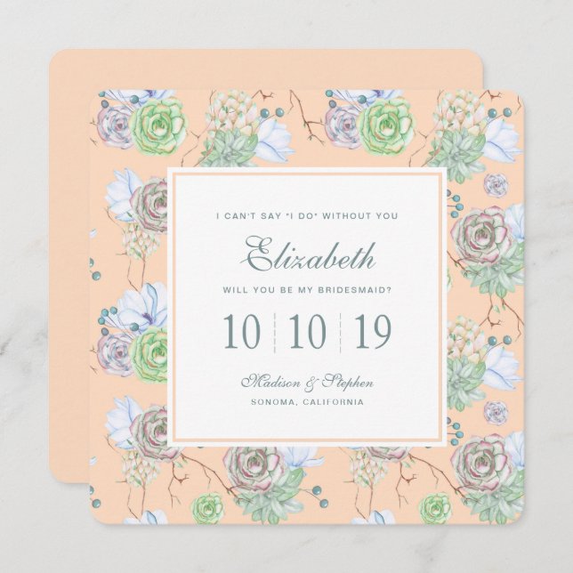 Peach Succules Floral Watercolor - Bridesmaid Einladung (Vorne/Hinten)