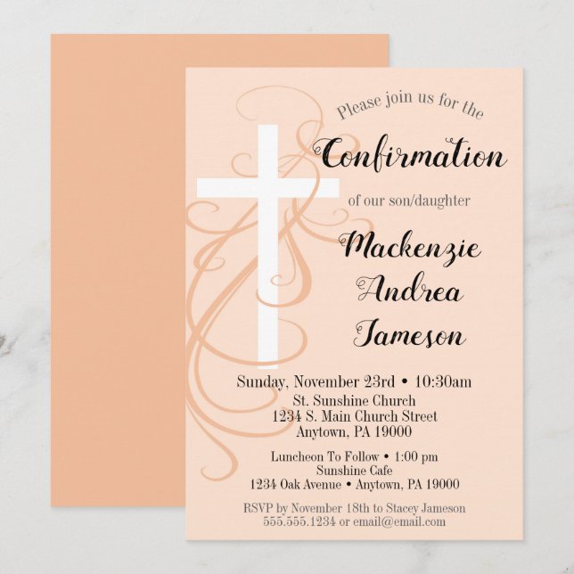 Peach Swirl Cross Bestätigung Einladung Mädchen Ju (Vorne/Hinten)