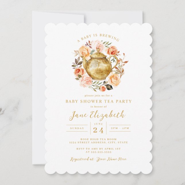 Peach Tee Party Ein Baby wird Baby Brauen Babydusc Einladung (Vorderseite)