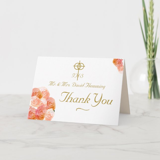 Peach Terracotta Rose Katholische Hochzeit Dankeskarte (Vorderseite)