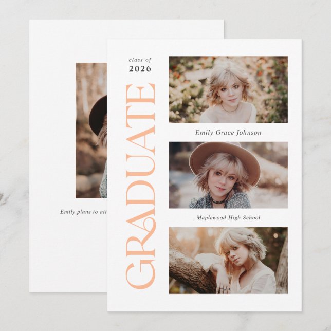 Peach Trendy Serif Multiple Foto Abschluss Ankündigung (Vorne/Hinten)