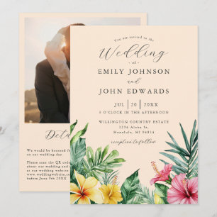 Peach Tropical Blume Foto QR Code Hochzeit Einladung