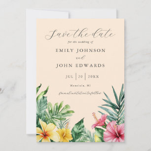 Peach Tropical Blume Grüne Foto Hochzeit Save The Date