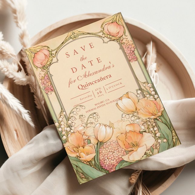 Peach Tulip Quinceañera Celebration Save The Date (Von Creator hochgeladen)