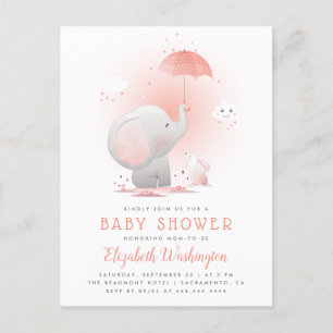 Peach Umbrella Elephant & Bunny Girl Baby Dusche Einladungspostkarte