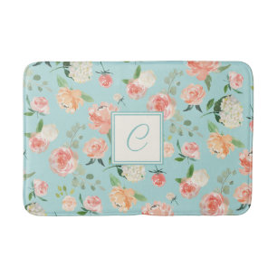 Peach und Aqua Wasserfarbenfloral mit Monogramm Badematte