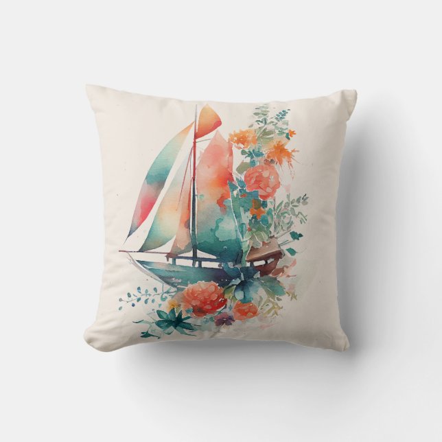 Peach und Black Sailboat Blumenwirbel Kissen (Vorderseite)