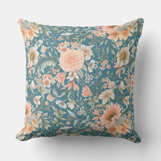 Peach und Blue Floral auf mittelgradig Aquamarinem Kissen (Vorderseite)