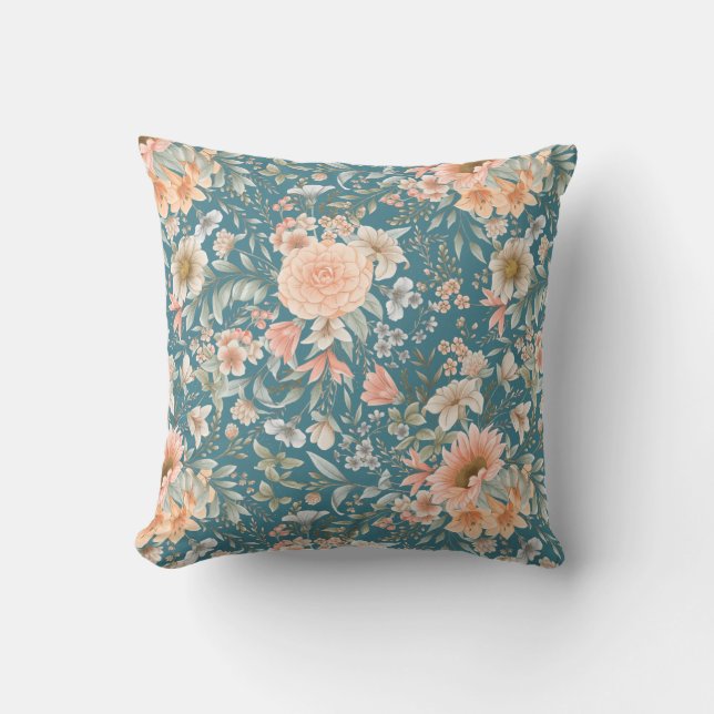 Peach und Blue Floral auf mittelgradig Aquamarinem Kissen (Vorderseite)