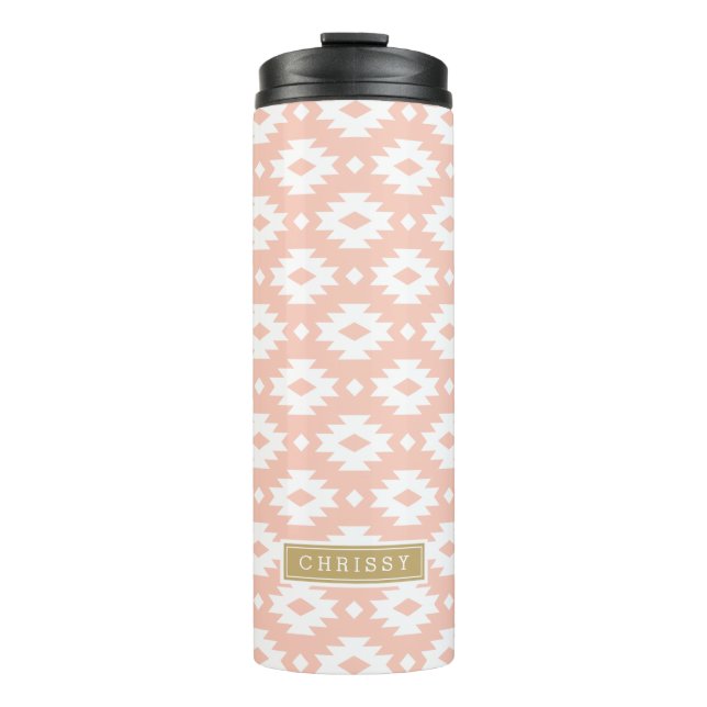 Peach und Gold Aztec Monogram Thermosbecher (Vorderseite)