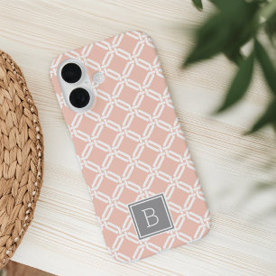 Peach und Graues Gittermuster Monogramm iPhone 16 Hülle
