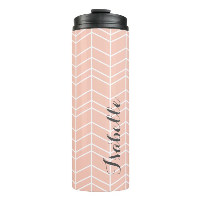 Peach und Gray Herringbone Monogramm Thermosbecher (Vorderseite)