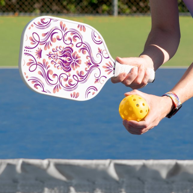 Peach und Lila Damask Blumenmuster Elegant Pickleball Schläger (InSitu)