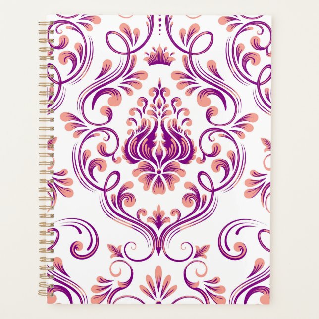 Peach und Lila Damask Blumenmuster Elegant Planer (Vorderseite)