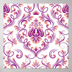 Peach und Lila Damask Blumenmuster Elegant Poster