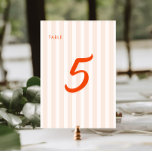Peach und Mandarine Retro Stripe Hochzeit Tischnummer<br><div class="desc">Eine Einführung in unsere exquisiten Mandarine und Pfirsich Hochzeitsfeiern Tischnummern, die eine Touch Retro-Charme zu Ihrem besonderen Tag. Die weichen Pfirsichstreifen bilden einen schönen Hintergrund, ergänzt durch die lebendige Retro-Kalligraphie der Mandarine, die einen Pop von Farbe und Eleganz schafft. Diese Tischnummern sind ideal für Paare, die Retro-Stil mit einer modernen...</div>