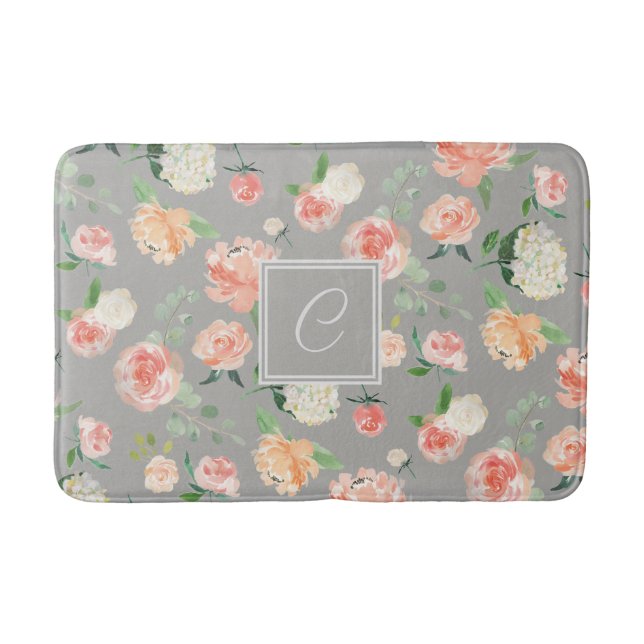 Peach und Taupe Blumenmuster mit Monogramm Badematte (Vorderseite)
