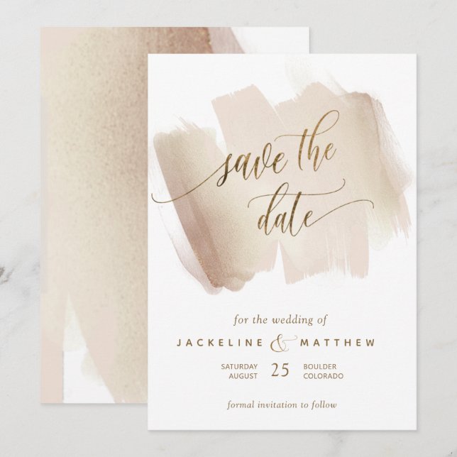 Peach und Terracotta Pinselstriche Minimale Hochze Save The Date (Vorne/Hinten)