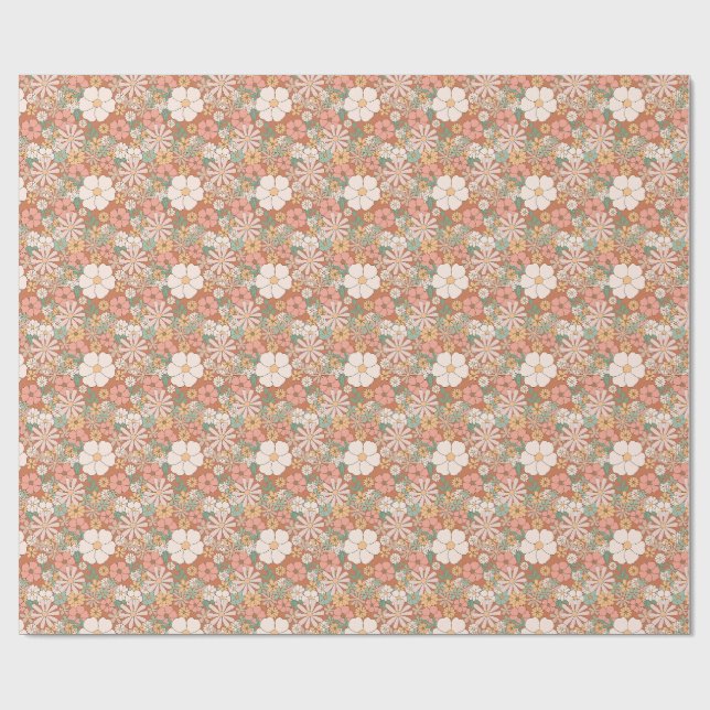 Peach und White Retro Daisies Blumenmuster Geschenkpapier (Flach)