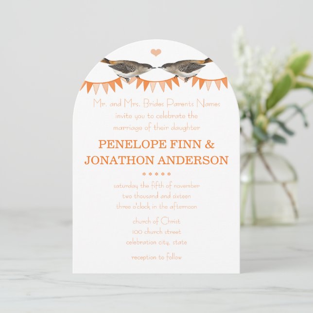 Peach Vintag Bird Bunting Einladungen (Stehend Vorderseite)