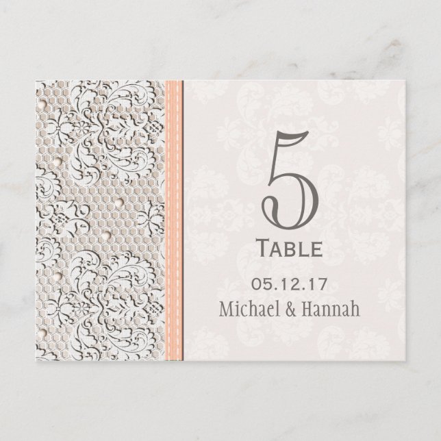 Peach Vintag Lace Wedding Tischnummer Card (Vorderseite)