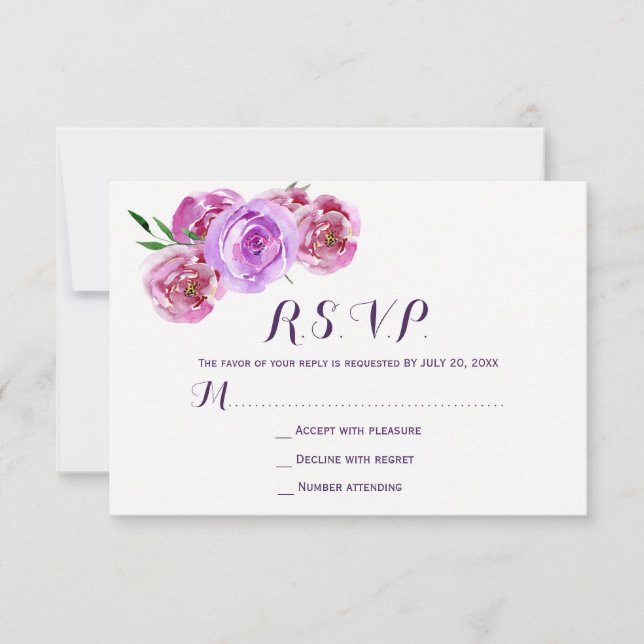 Peach violet plum peonies floral weded RSVP Karte (Vorderseite)