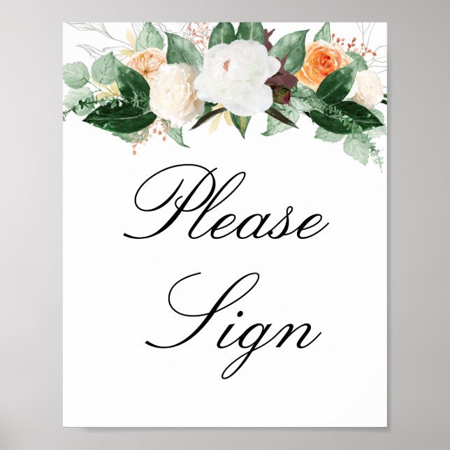 Peach Wassercolor Floral Bitte unterzeichnen Hochz Poster (Vorne)