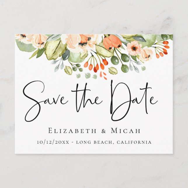 Peach Wassercolor Floral Save the Date Ankündigungspostkarte (Vorderseite)