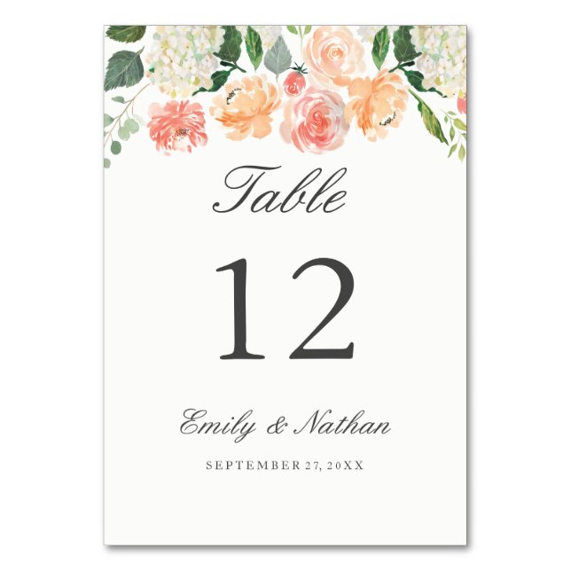 Peach Wassercolor Floral Tischnummer Cards (Vorderseite)