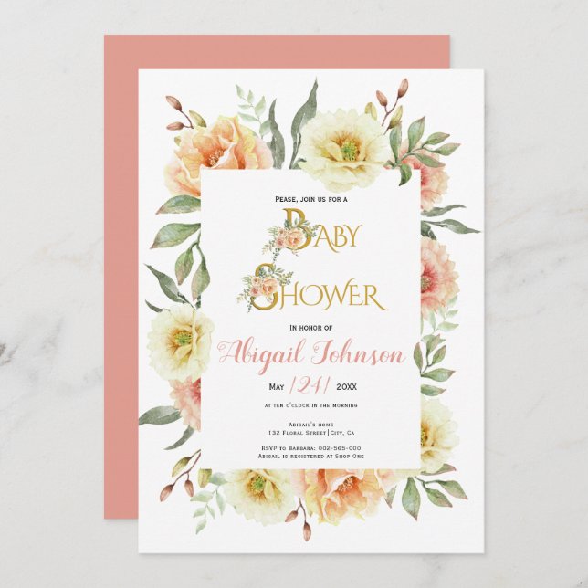 Peach watercolor Blume Babydusche für Mädchen Einladung (Vorne/Hinten)