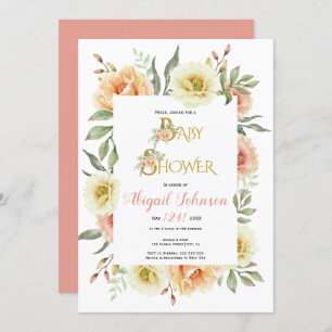 Peach watercolor Blume Babydusche für Mädchen Einladung
