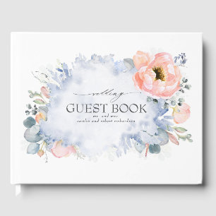 Peach Watercolor Blume Dusty Blue Wedding Gästebuch
