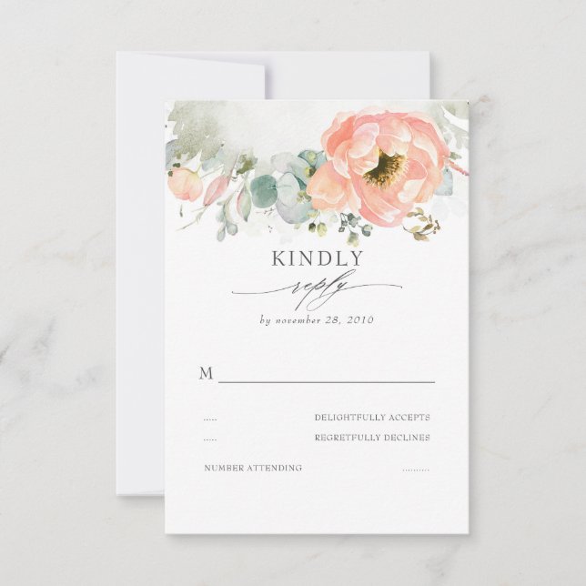 Peach Watercolor Blume Elegant Boho Hochzeit RSVP Karte (Vorderseite)