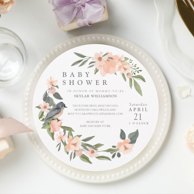Peach Watercolor Blumenschaum Bird Baby Dusche Einladung (Von Creator hochgeladen)