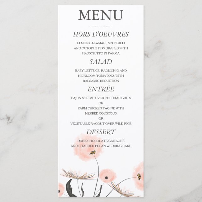 Peach Watercolor Dandelion Wedding Menu Menükarte (Vorderseite)