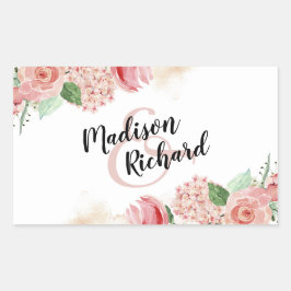 Peach Watercolor Floral Border Wedding Monogram Rechteckiger Aufkleber