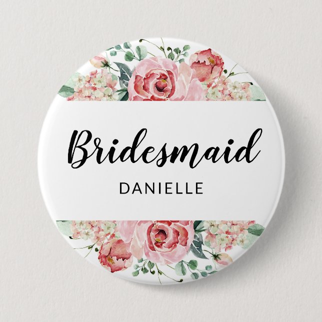 Peach Watercolor Floral Bridesmaid Mit Monogramm Button (Vorderseite)