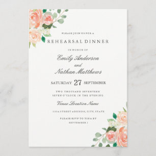 Peach Watercolor Floral Hochzeit Probe Dinner Einladung