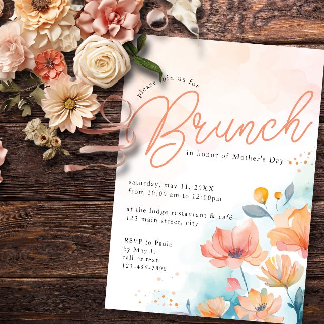 Peach Watercolor Floral Modern Mother Day Brunch Einladung (Von Creator hochgeladen)